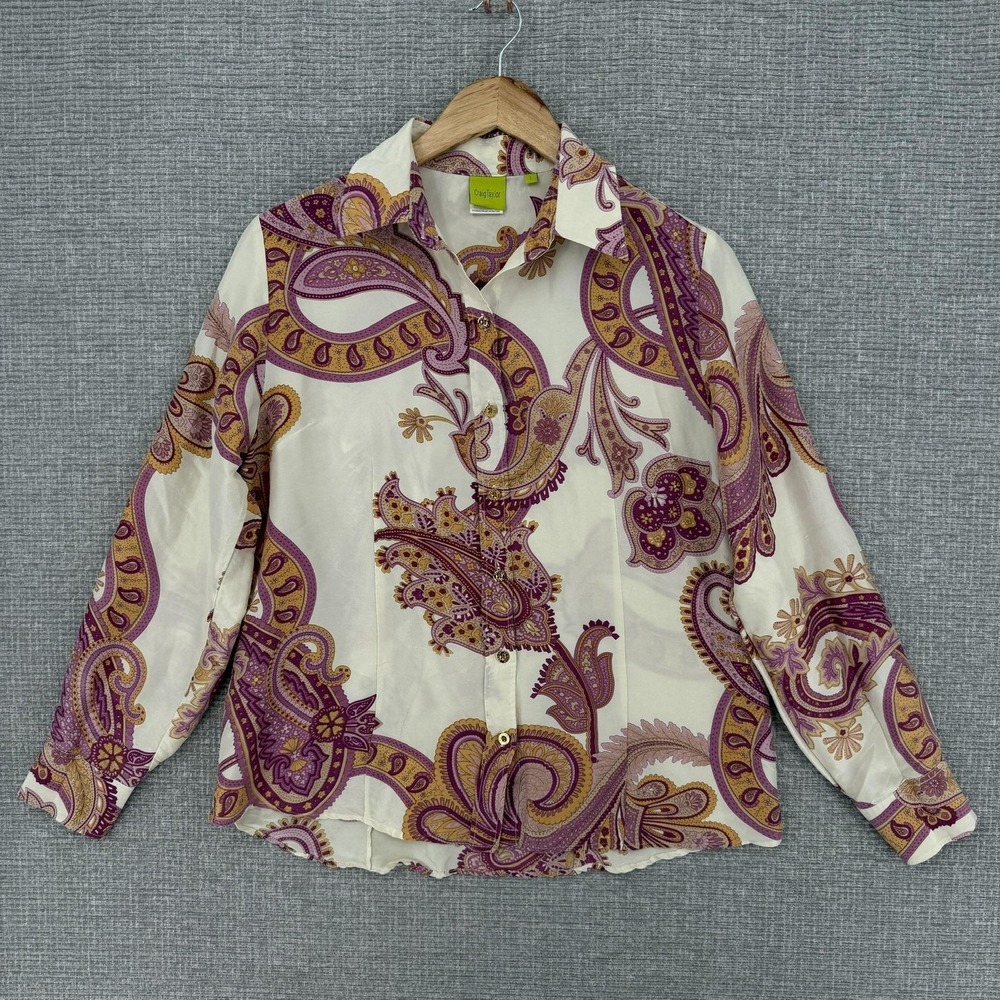 Craig Taylor Button-Up Shirt Womens L White Paisley Silk Long‎ Sleeve Fairy